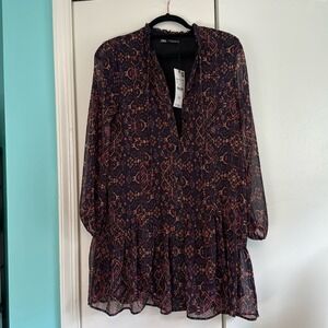 Zara‎ Printed Mini Dress Purple Orange Boho Ikat Ruffle 9878/271/330 NWT Small